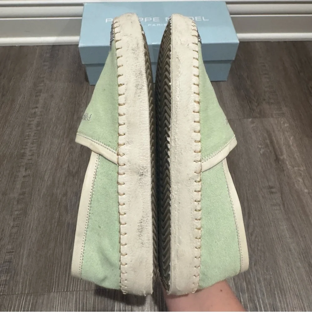 Philippe Model Marseille Low Canvas Glitter Detail Green Espadrille Flats